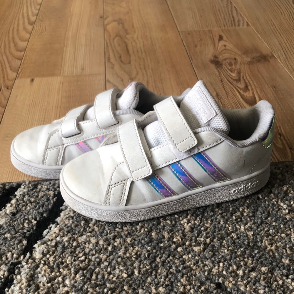 Kids white Adidas w/ iridescent stripes